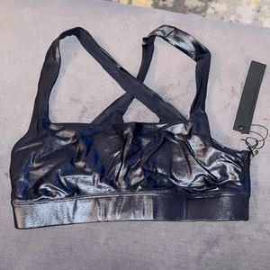 NWT Carbon38 Black cross-back wet leather look sports bra